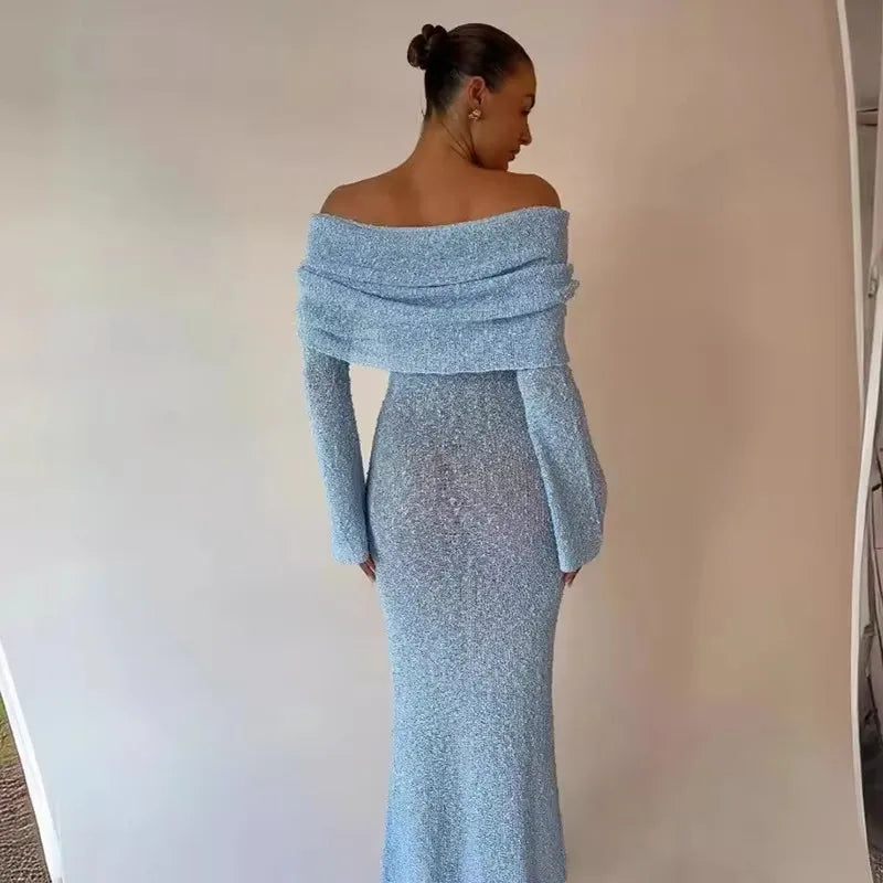 Syiwidii Elegant Off-Shoulder Knit Dress – Long Sleeve Sexy See-Through Evening Dress for Women