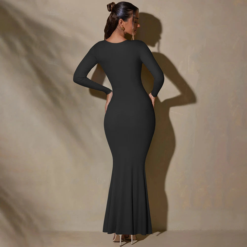 Black Long Sleeve Bodycon Dress – XL Size Stretchy Knit Fashion Party Dress for Women