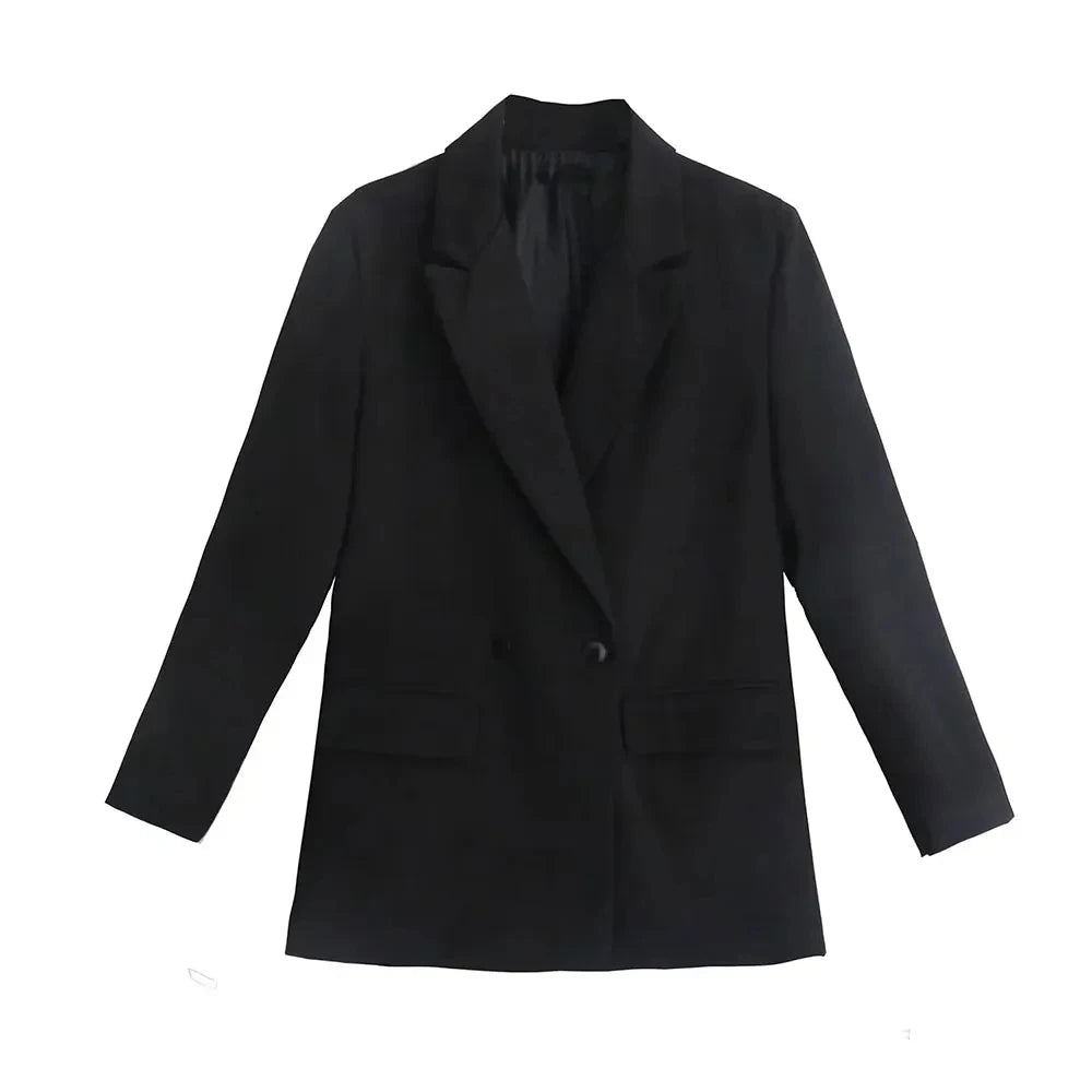 Chic Double-Breasted Blazer Coat – Women's Loose-Fit Long Sleeve Vintage Outerwear with Pockets