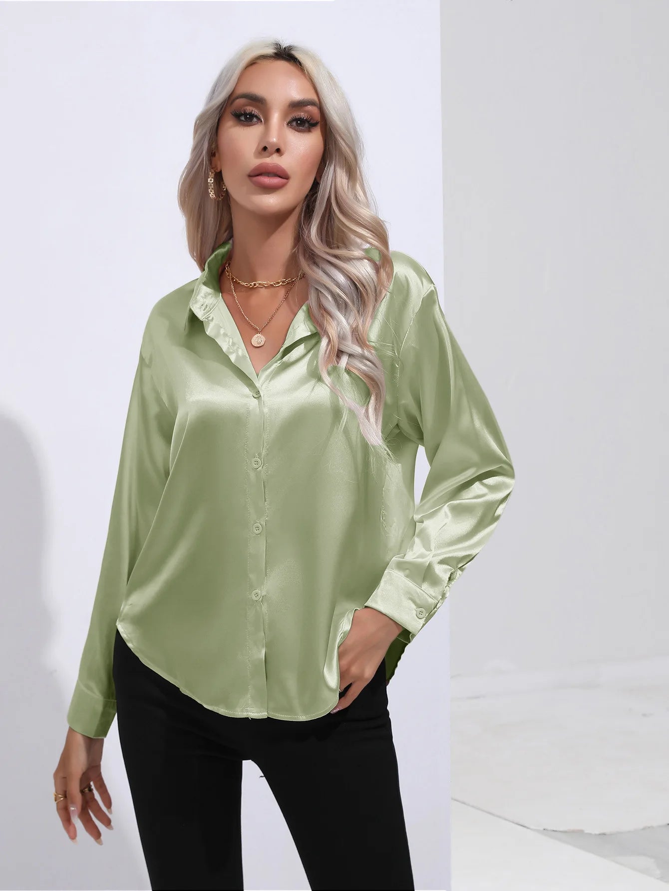 SatinGrace Button Blouse