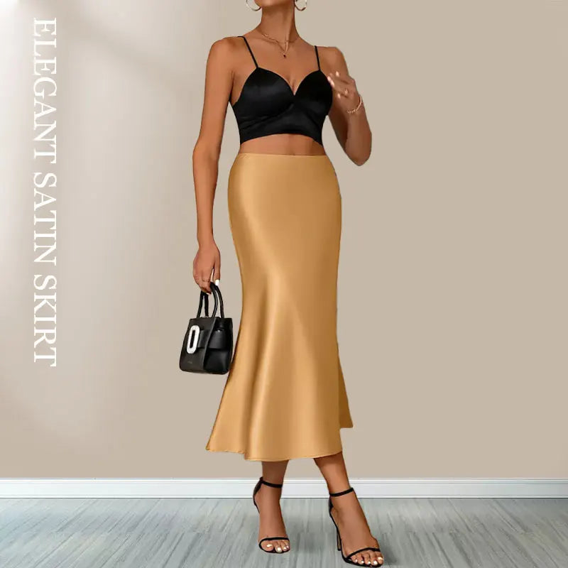 Elegant High-Waist Satin Skirt – Women's Korean Style A-Line Pencil Skirt for Office & Casual Wear
