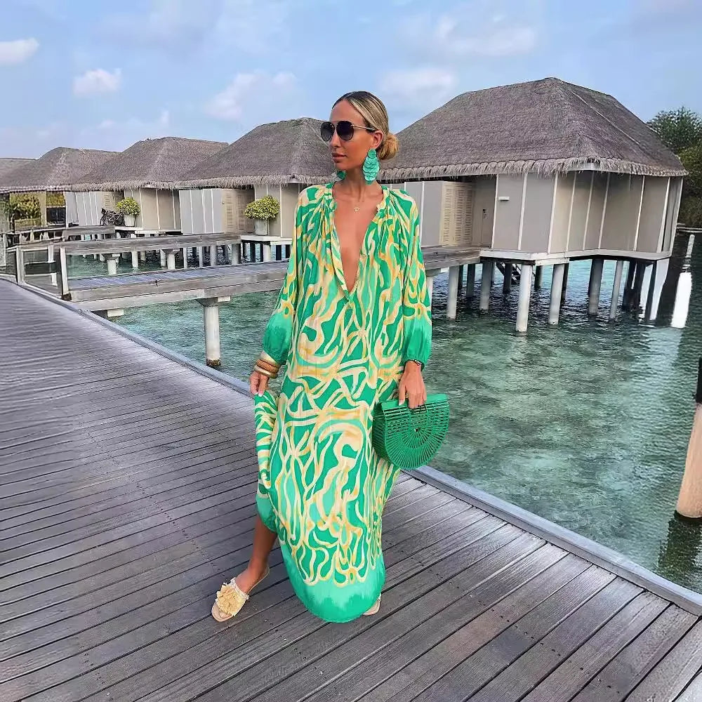 Bohemian Deep V-Neck Maxi Dress – Lantern Sleeve Vintage Beach Cover-Up for Women