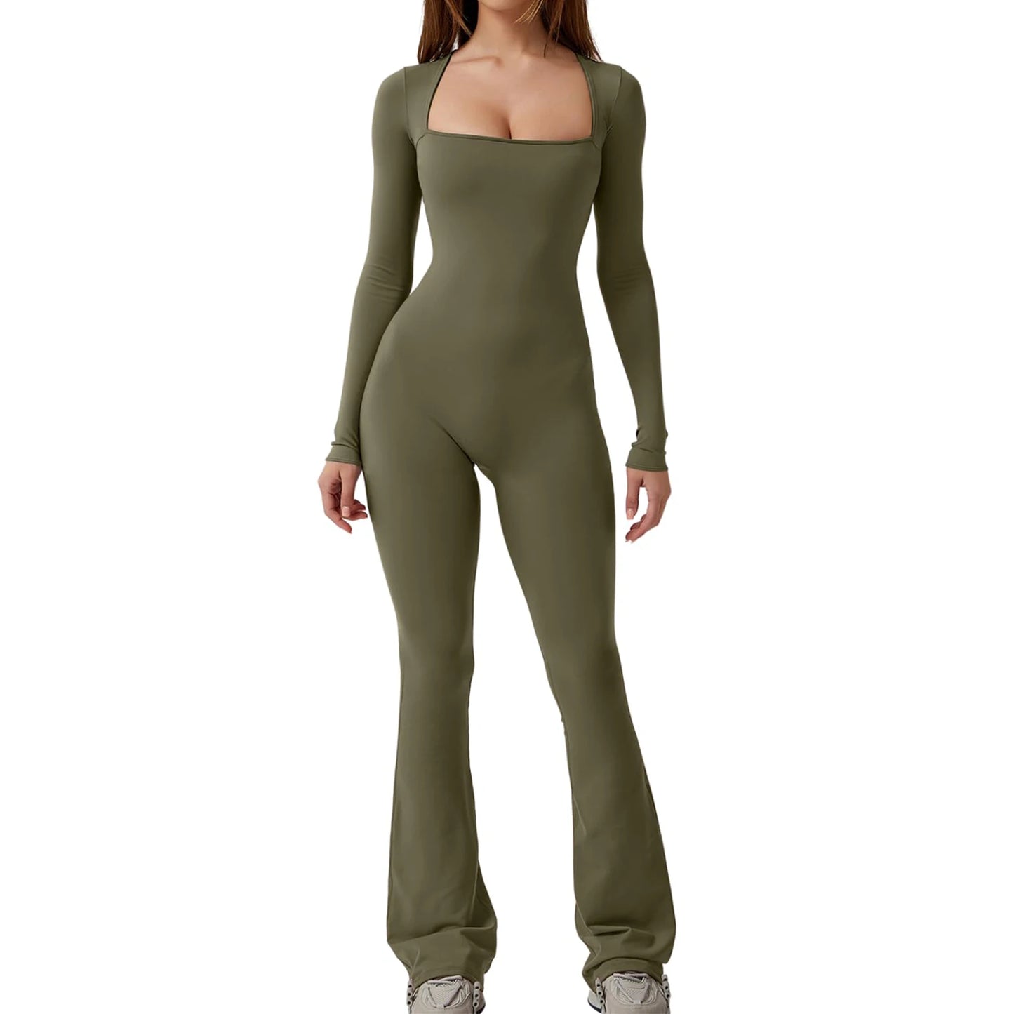 "Women's Slim Fit Long Sleeve Square Neck Jumpsuit - Autumn Romper"