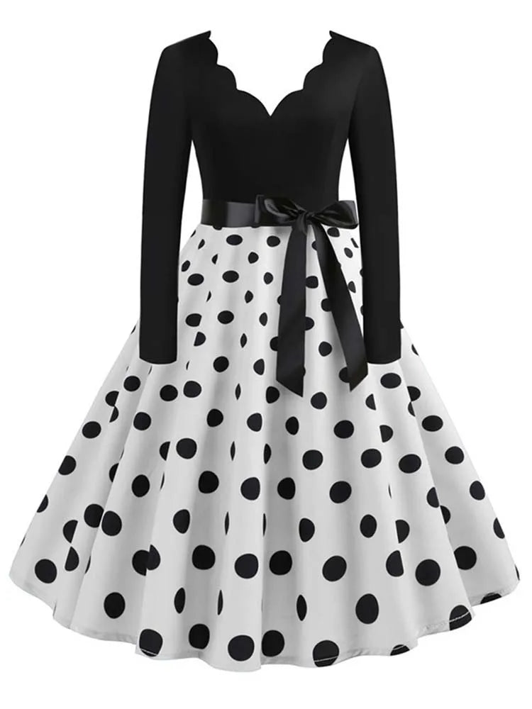 Vintage Polka Dot Dress – Long Sleeve 3XL Party Dress for Women