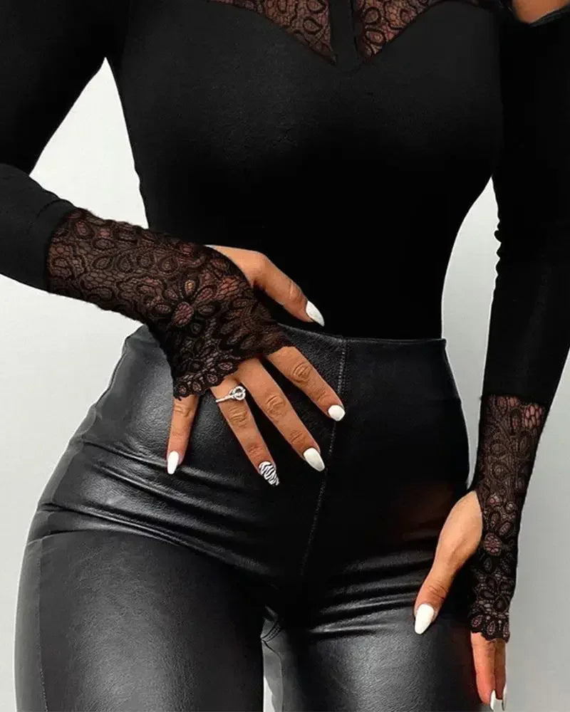 Cold Shoulder Lace Bodysuit – Long Sleeve, Slim Fit