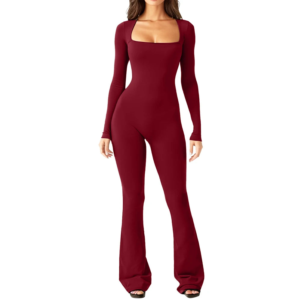 Elegant Square-Neck Flared Jumpsuit – Women's Long-Sleeve Slim Fit Bodycon Romper for Autumn