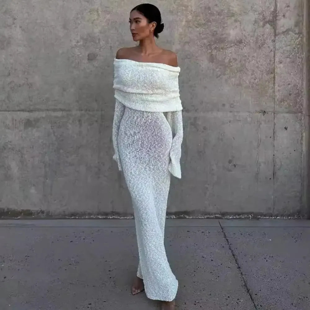 Syiwidii Elegant Off-Shoulder Knit Dress – Long Sleeve Sexy See-Through Evening Dress for Women