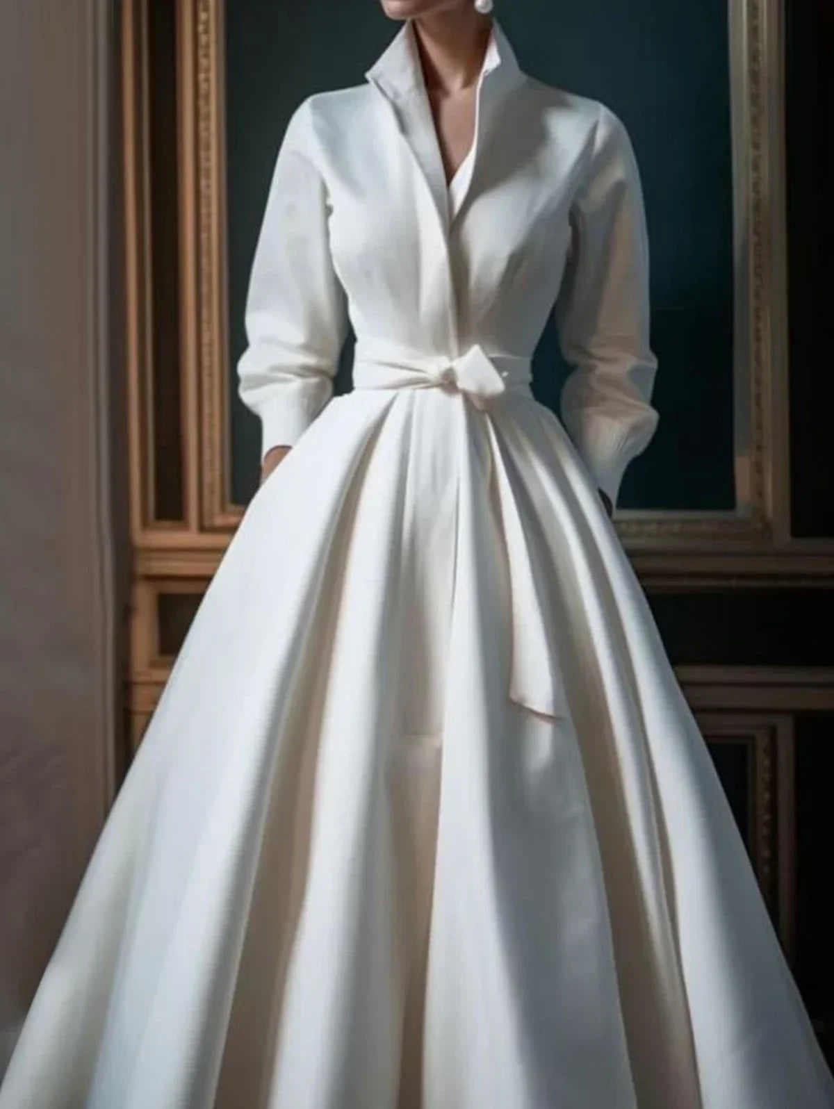 Elegant White Shirt Dress – Long Sleeve Pleated A-Line Wedding Guest Dress with Belt 2024