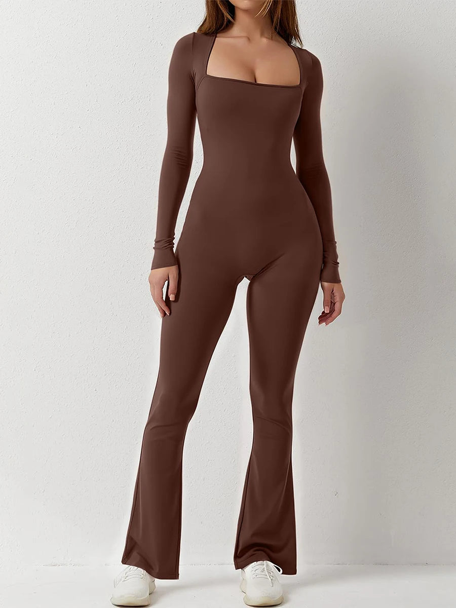 "Women's Slim Fit Long Sleeve Square Neck Jumpsuit - Autumn Romper"