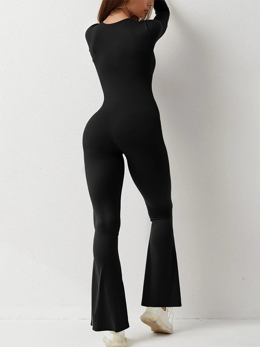"Women's Slim Fit Long Sleeve Square Neck Jumpsuit - Autumn Romper"