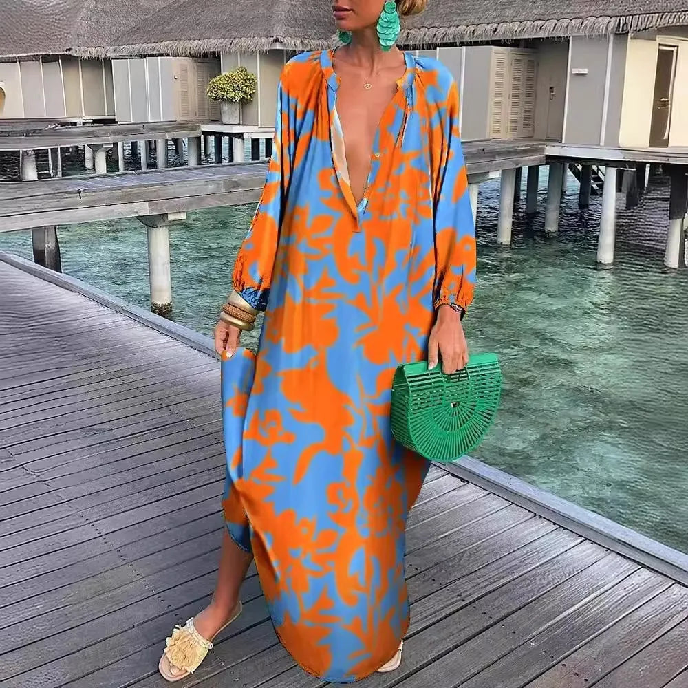 Bohemian Deep V-Neck Maxi Dress – Lantern Sleeve Vintage Beach Cover-Up for Women