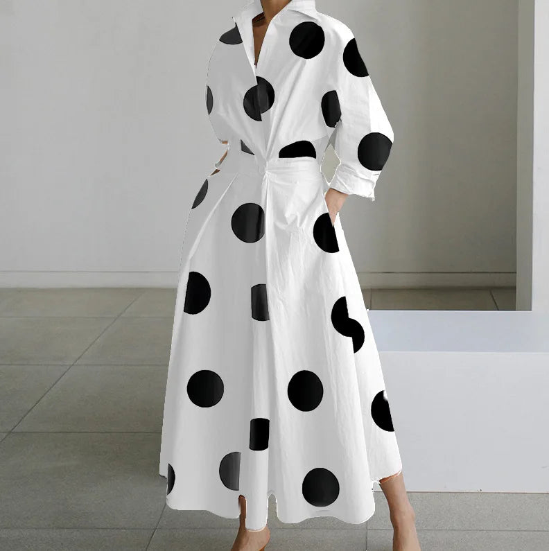 Autumn Long Sleeve Dot Print Maxi Dress – Elegant V-Neck Shirt Party Dress for Women