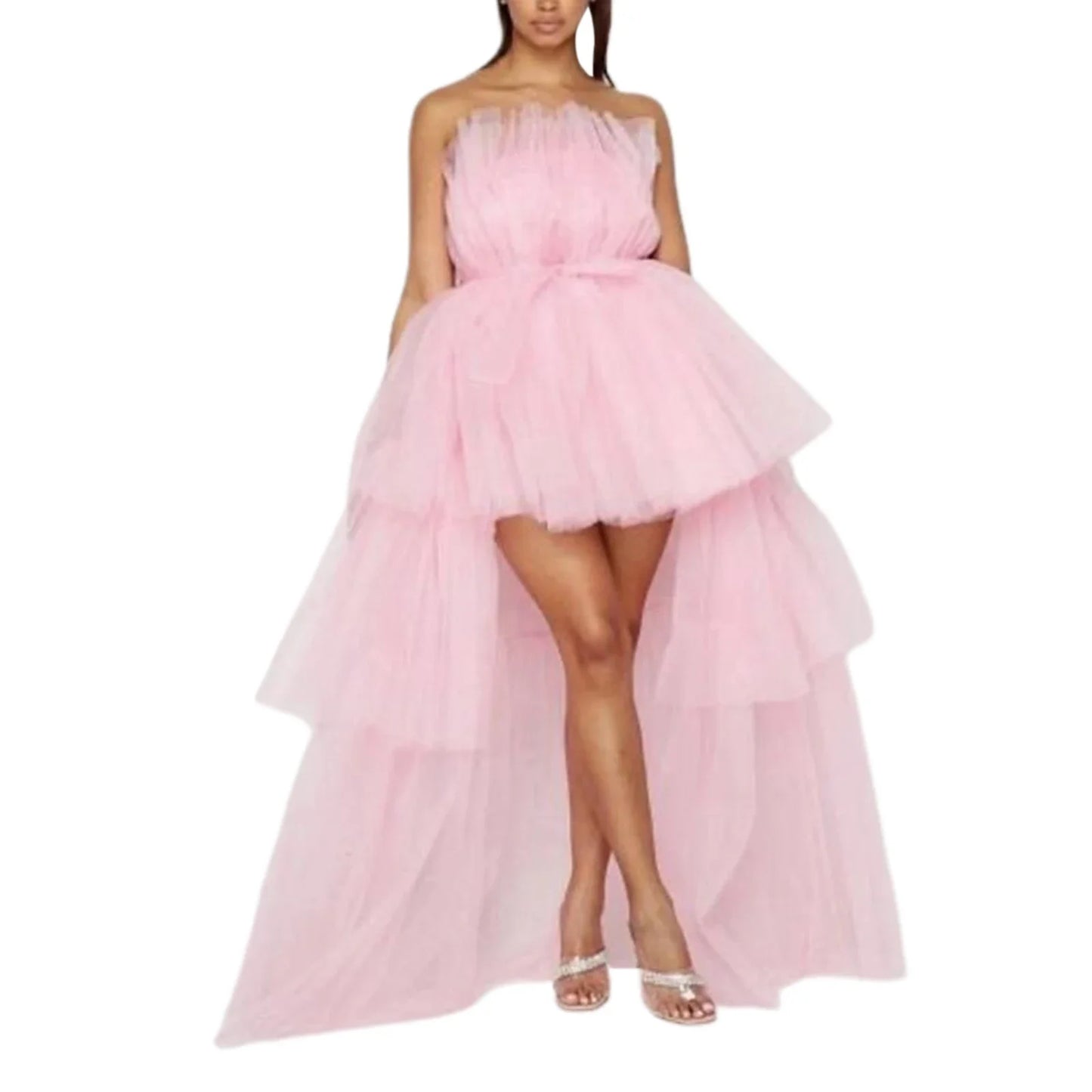 Elegant Mesh Tulle Evening Gown – Strapless Off Shoulder High Waist Formal Dress for Women