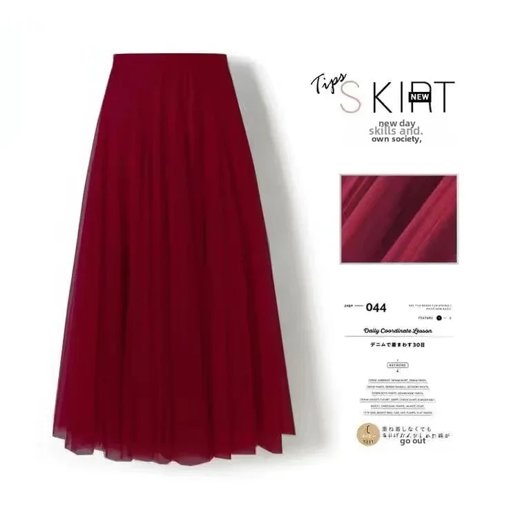 Elegant High-Waisted Pleated Mesh Skirt – Women's Chic A-Line Long Dance Skirt