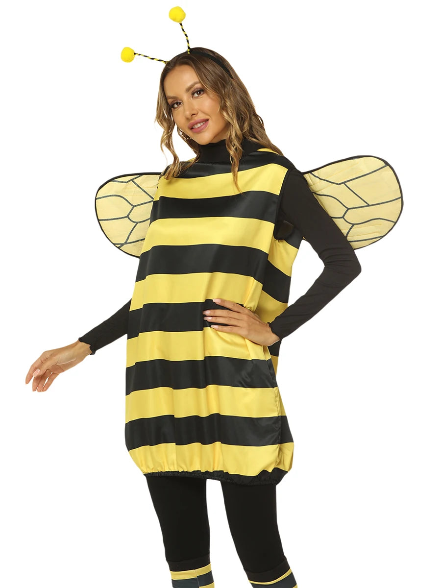 Women Halloween Cosplay Costume Set Bee Dress with Wings Headband Leg Sleeveless Role-playing Accessories