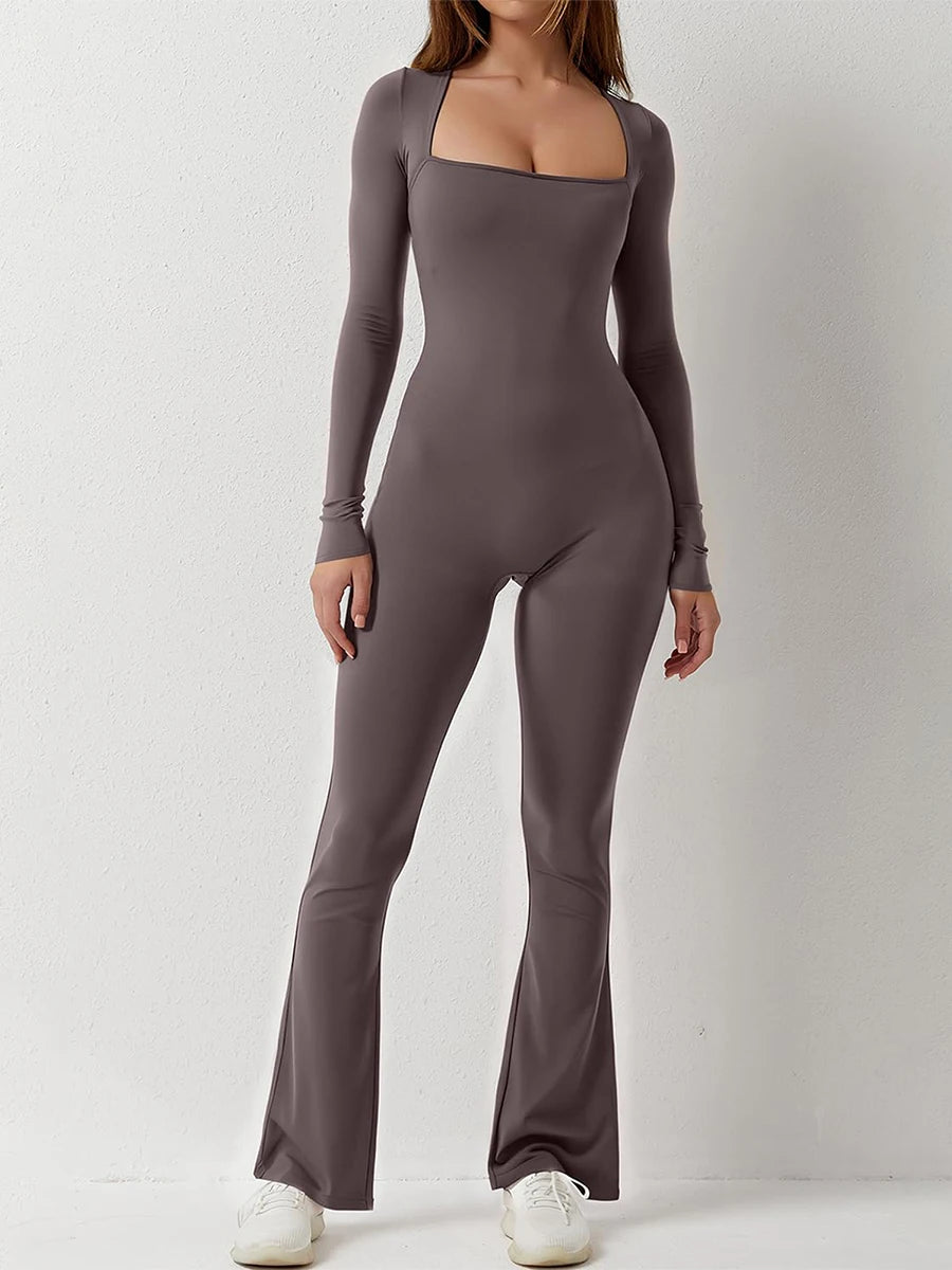 "Women's Slim Fit Long Sleeve Square Neck Jumpsuit - Autumn Romper"