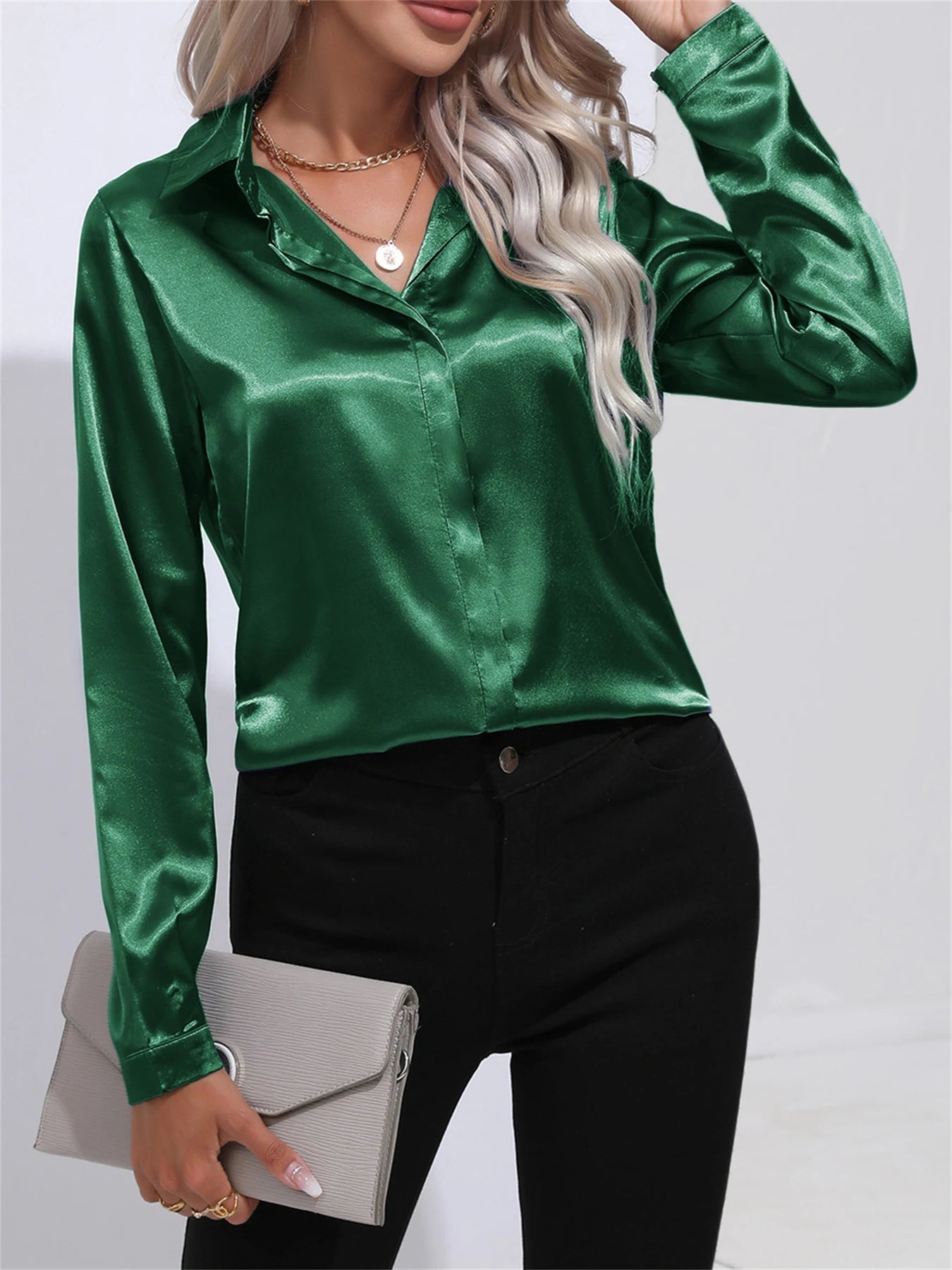 Elegant Turn-Down Collar One-Button Satin Shirt for Women