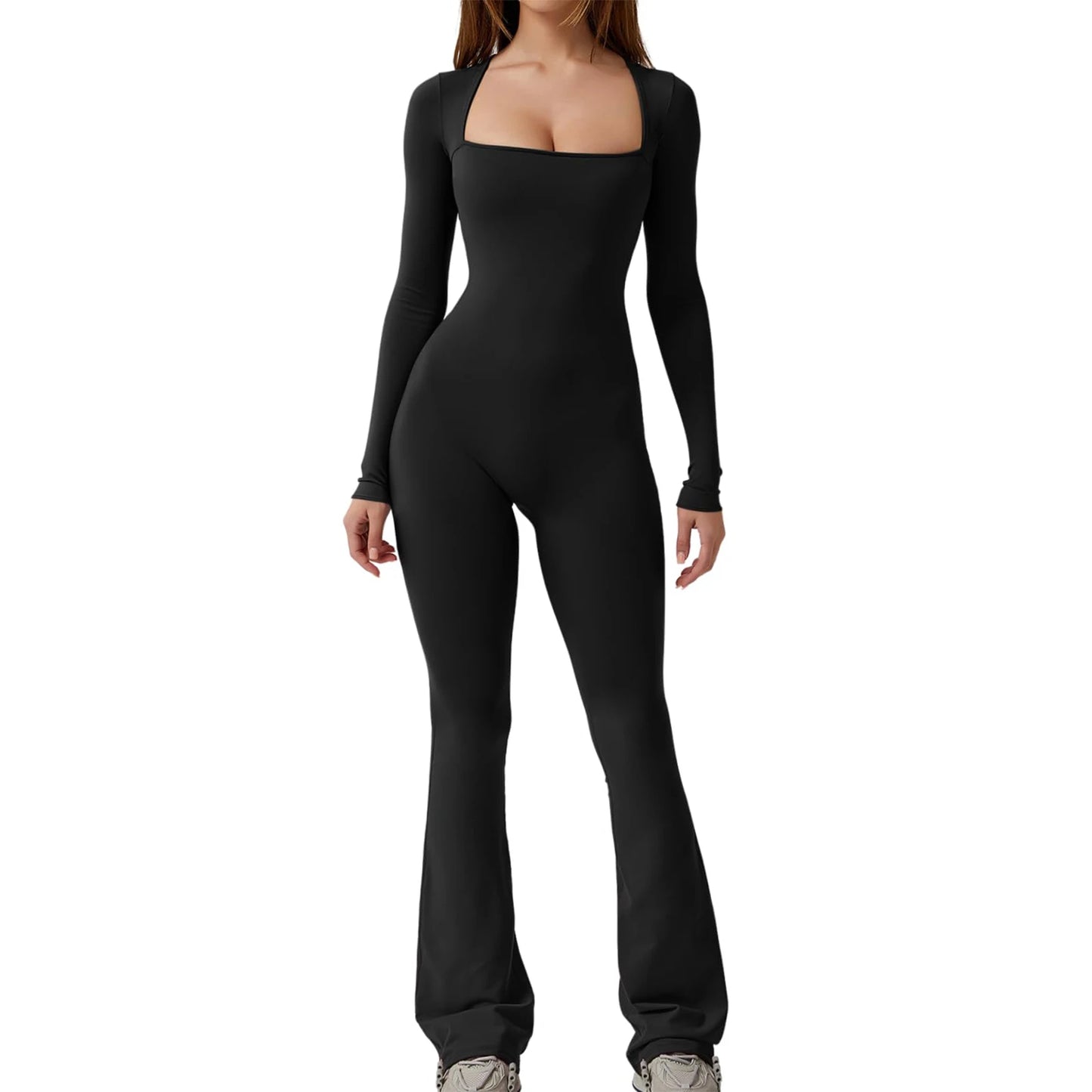 "Women's Slim Fit Long Sleeve Square Neck Jumpsuit - Autumn Romper"