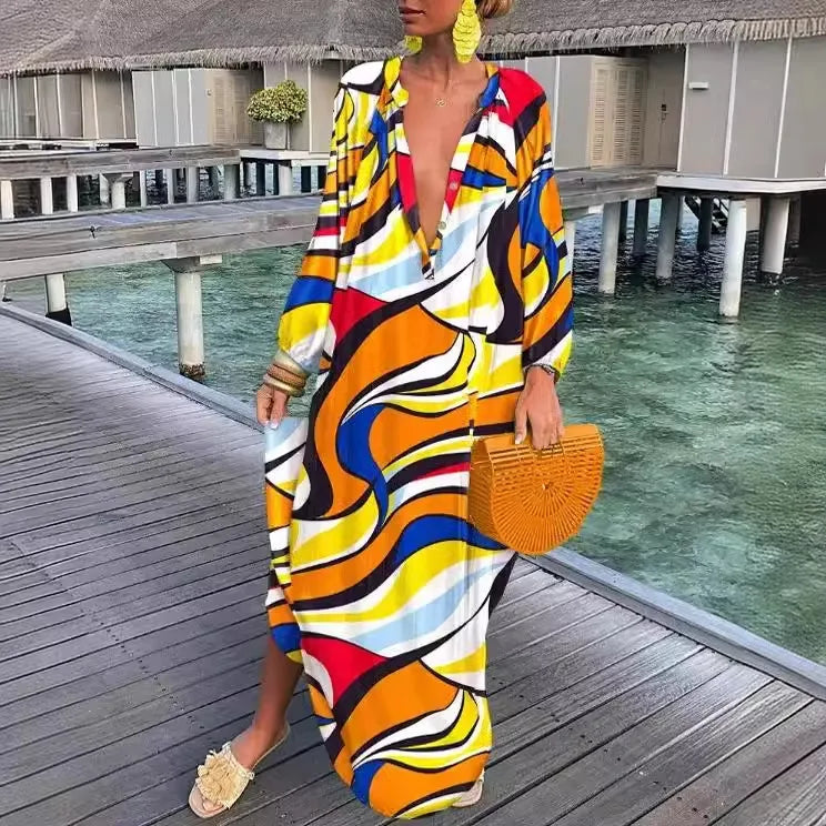Bohemian Deep V-Neck Maxi Dress – Lantern Sleeve Vintage Beach Cover-Up for Women