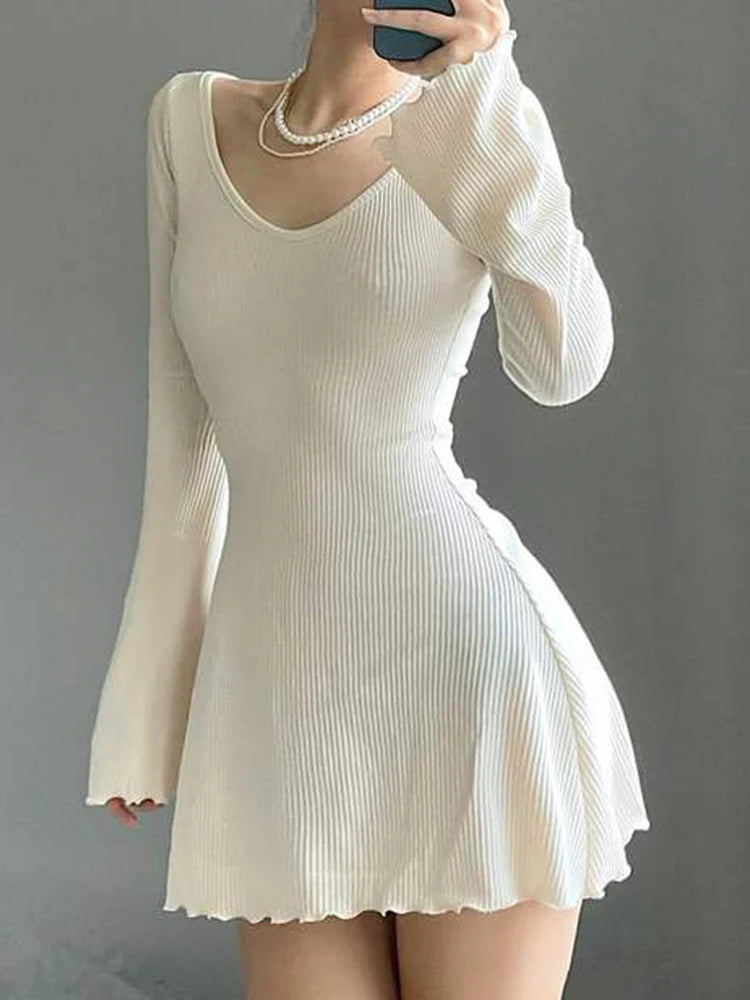 Elegant Knit Dress – V-Neck Solid Color Slim Dress for Women