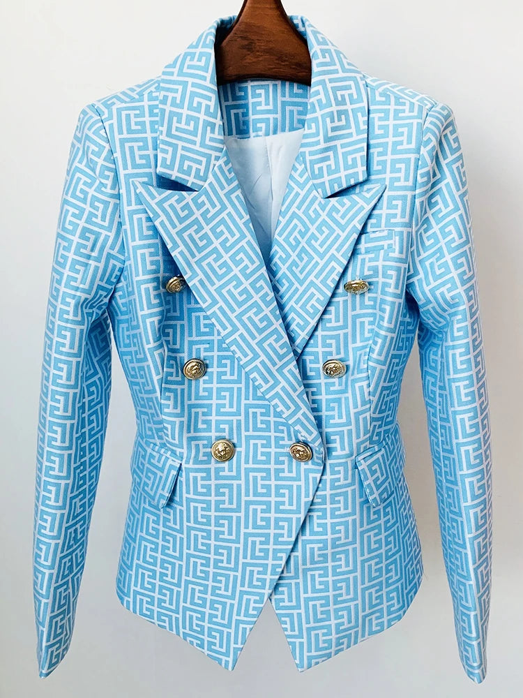 2024 High Street Women's Double Breasted Lion Button Jacquard Blazer