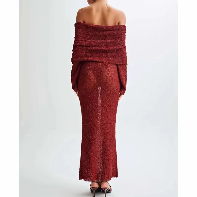Syiwidii Elegant Off-Shoulder Knit Dress – Long Sleeve Sexy See-Through Evening Dress for Women