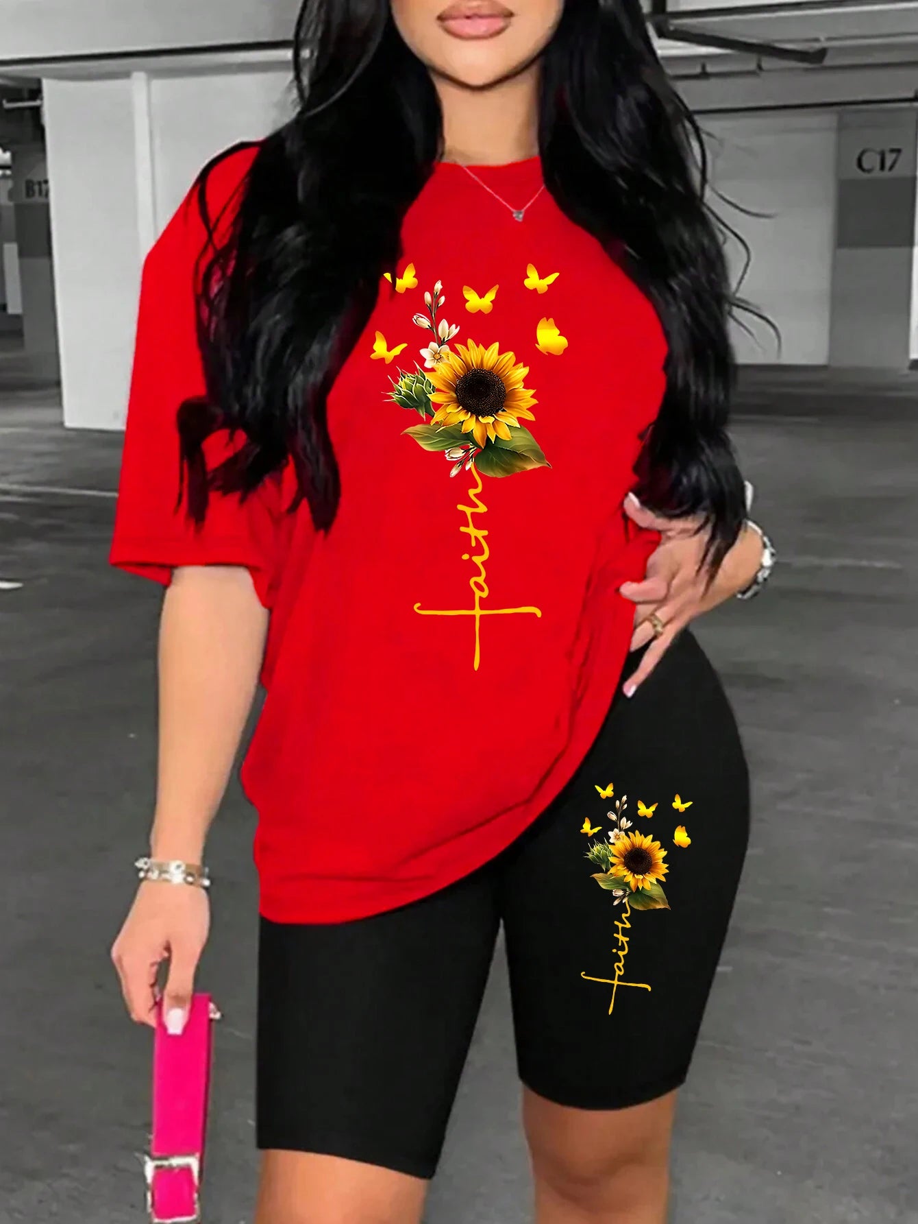 Sunflower Butterfly Two-Piece Set – Printed Tee & Shorts