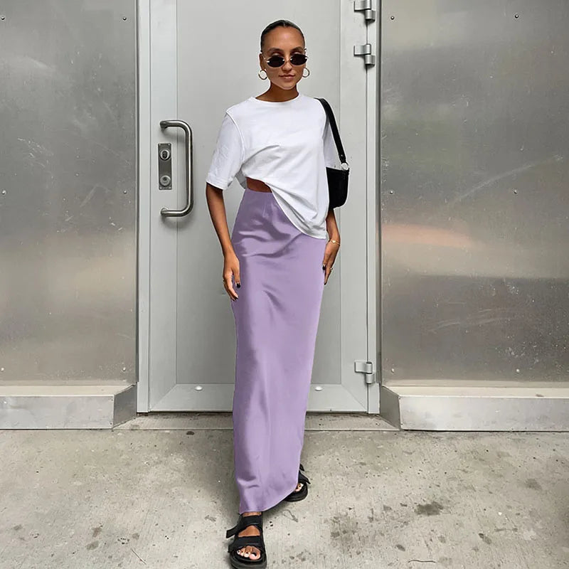 Elegant High-Waist Satin Trumpet Skirt – Women's Slim Fit Long Skirt for Office & Fashion Wear