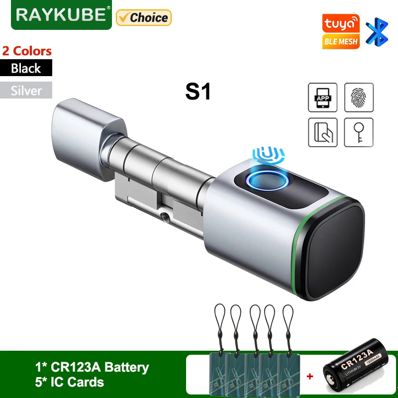 Smart Cylinder Lock with Tuya Bluetooth | Fingerprint & 13.56MHz IC Card | Includes CR123A Battery | Easy Installation | Replace S1