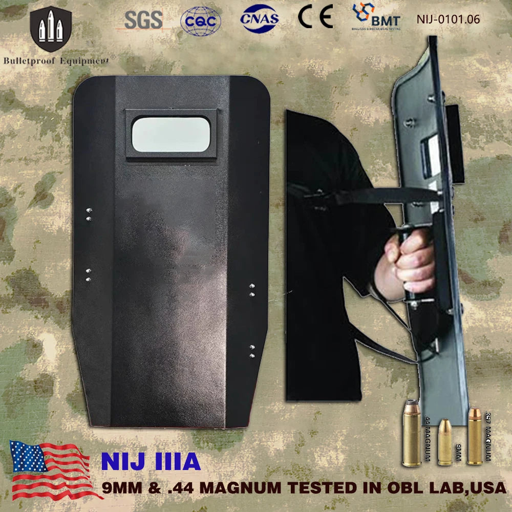 Lightweight NIJ IIIA Handheld Bulletproof Shield – Steel Plate & Bulletproof Glass, Personal Defense