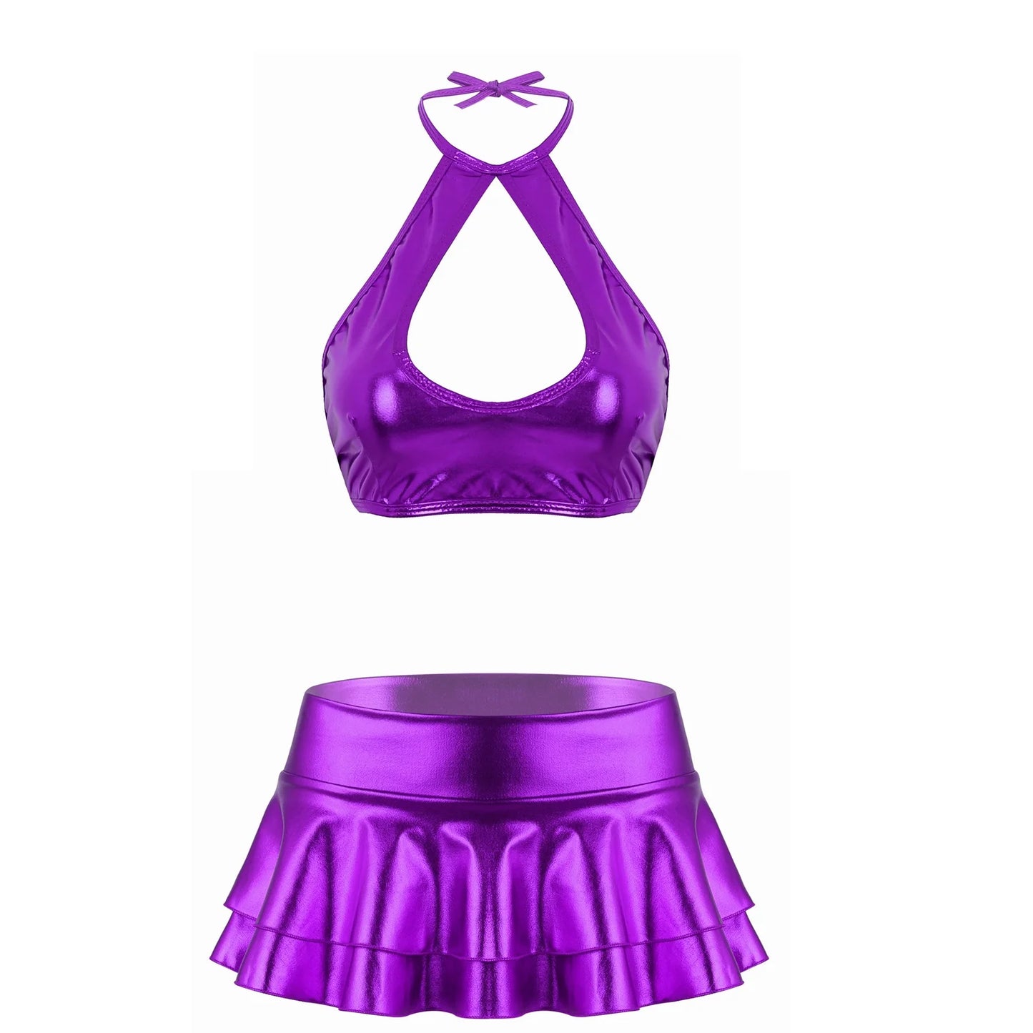 Women's Metallic Halter Crop Top & Ruffle Mini Skirt – Two-Piece Dance Outfit