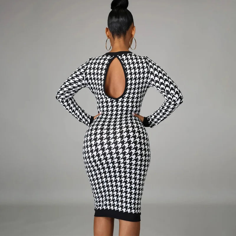 Elegant Houndstooth Print Bodycon Dress – Women's Long-Sleeve Hollow-Out Midi Dress for Autumn & Winter Streetwear