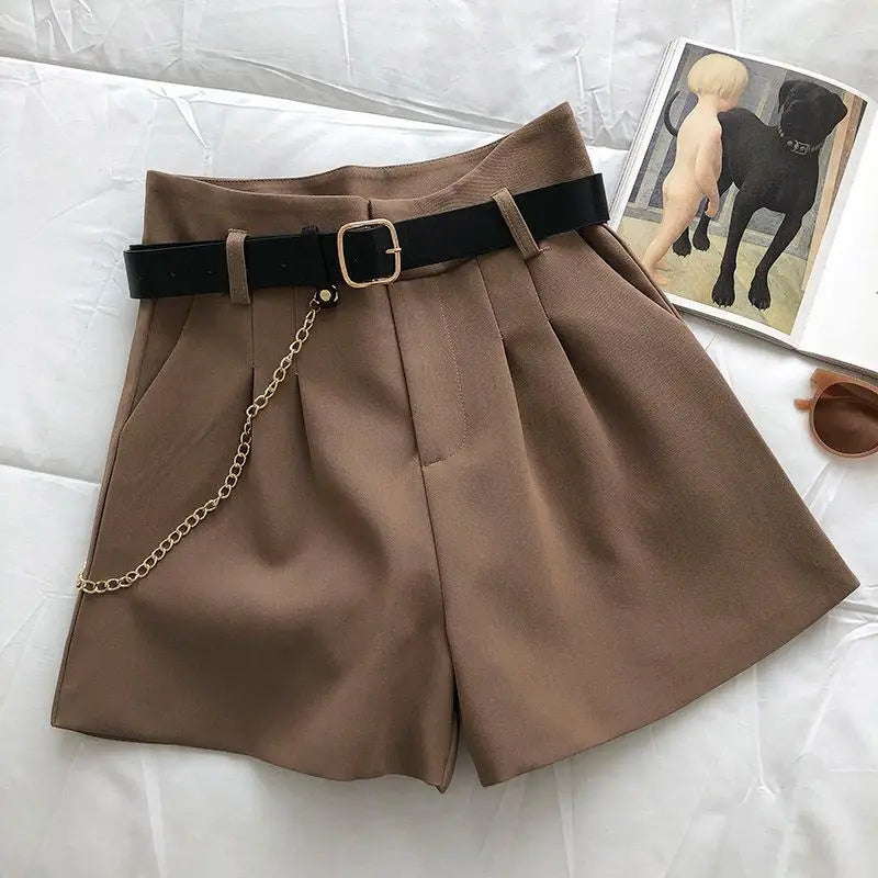 Elegant High-Waist Woolen Shorts – Women's Belted A-Line Wide-Leg Shorts for Autumn & Winter