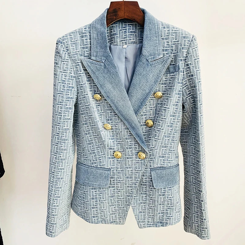 2024 High Street Women's Double Breasted Lion Button Denim Blazer