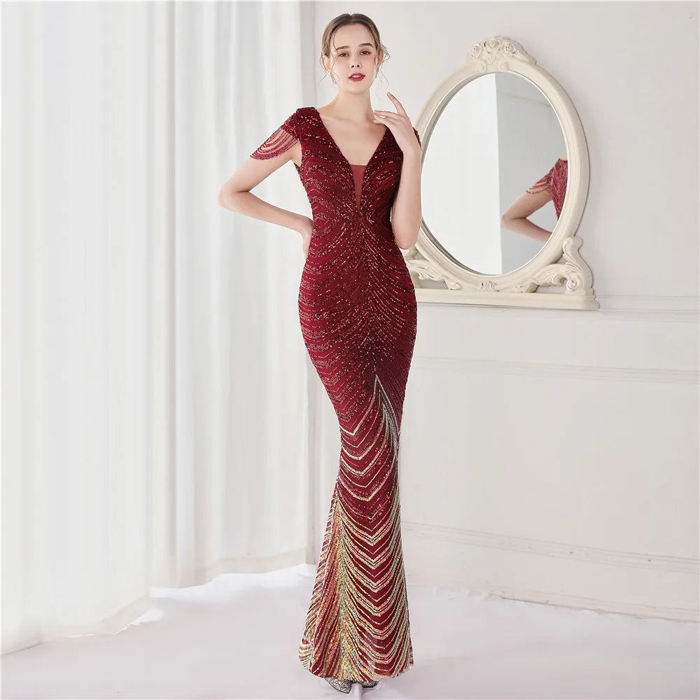 DEERVEADO V-Neck Mermaid Evening Dress – Beaded Long Formal Party Gown for Women