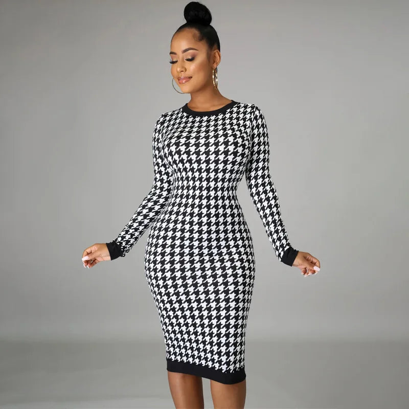 Elegant Houndstooth Print Bodycon Dress – Women's Long-Sleeve Hollow-Out Midi Dress for Autumn & Winter Streetwear