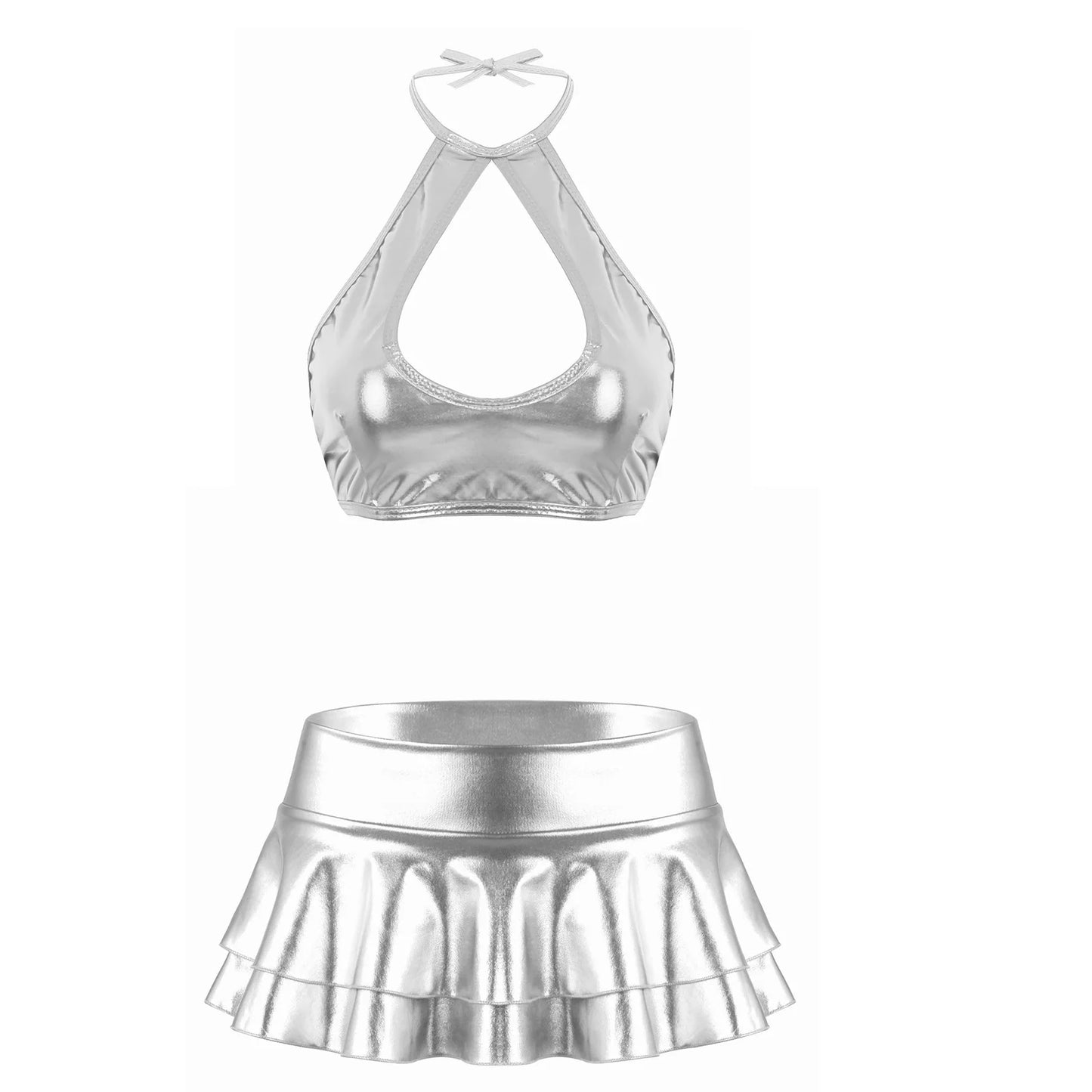 Women's Metallic Halter Crop Top & Ruffle Mini Skirt – Two-Piece Dance Outfit