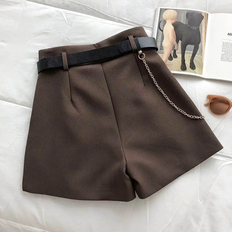 Elegant High-Waist Woolen Shorts – Women's Belted A-Line Wide-Leg Shorts for Autumn & Winter