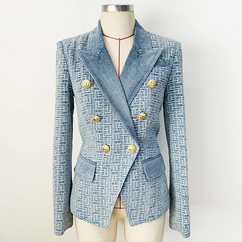 2024 High Street Women's Double Breasted Lion Button Denim Blazer