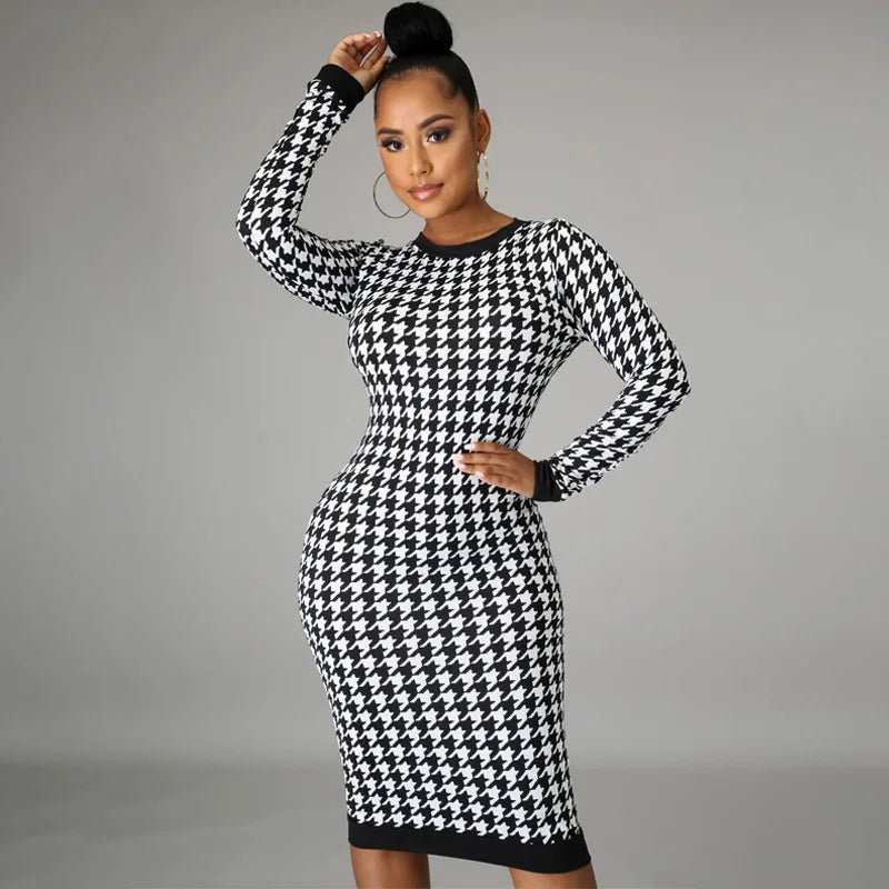 Elegant Houndstooth Print Bodycon Dress – Women's Long-Sleeve Hollow-Out Midi Dress for Autumn & Winter Streetwear