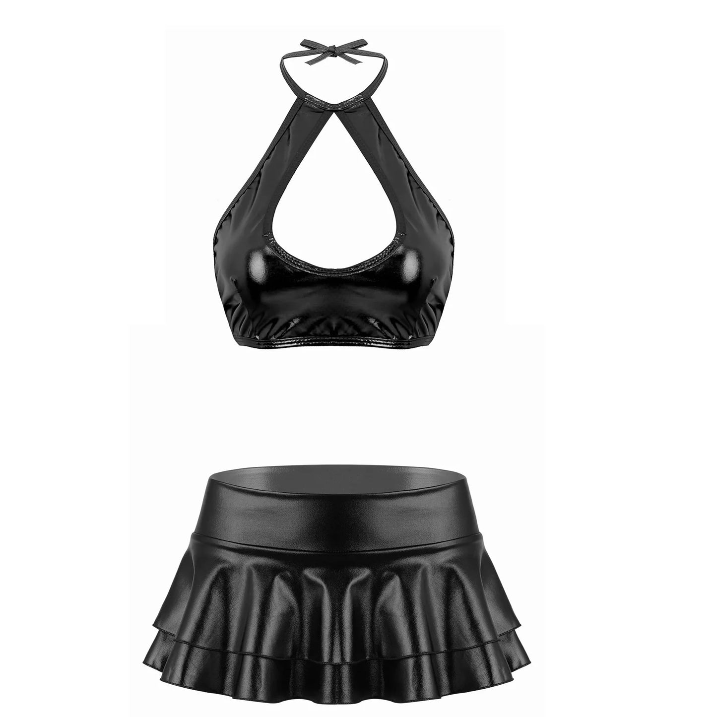 Women's Metallic Halter Crop Top & Ruffle Mini Skirt – Two-Piece Dance Outfit
