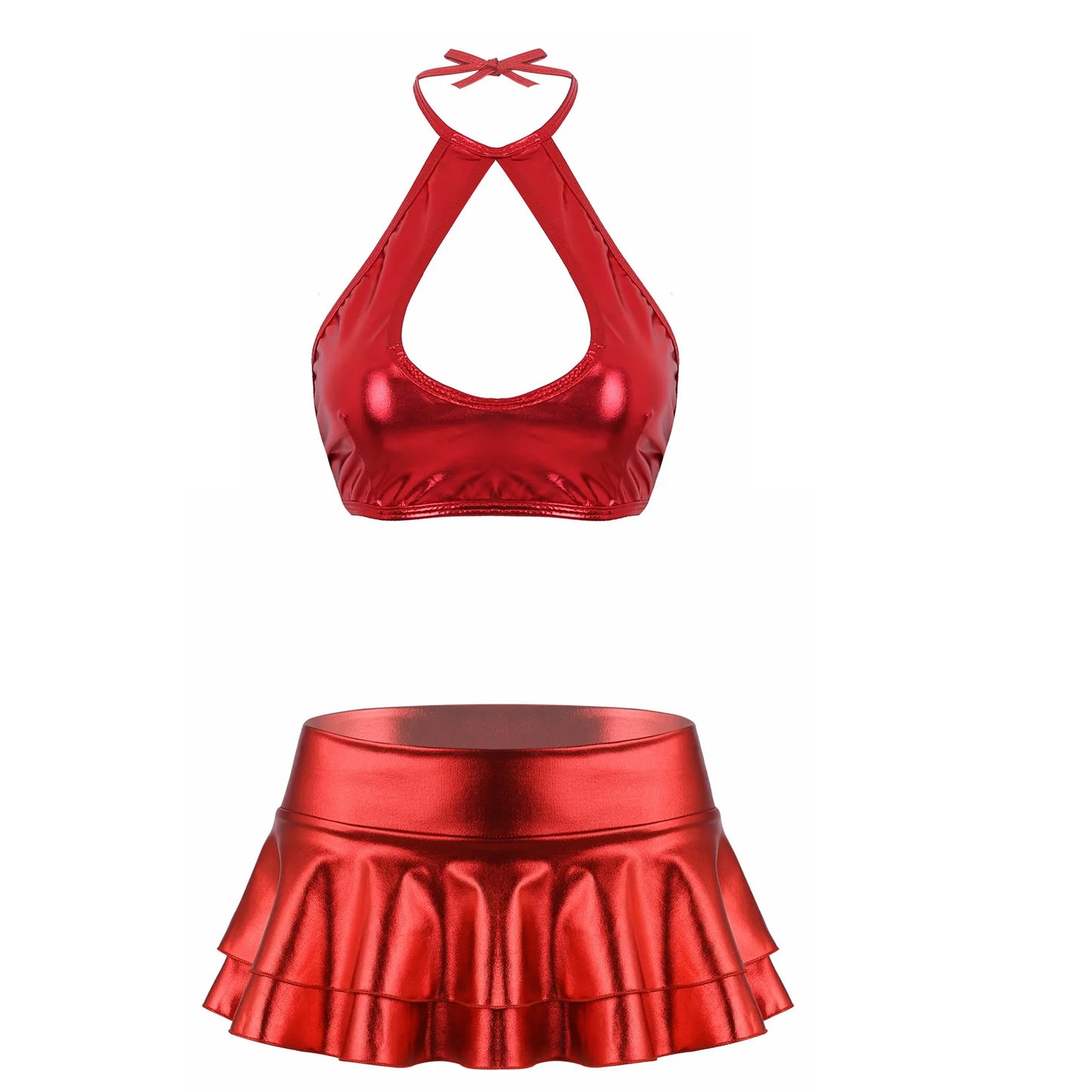 Women's Metallic Halter Crop Top & Ruffle Mini Skirt – Two-Piece Dance Outfit