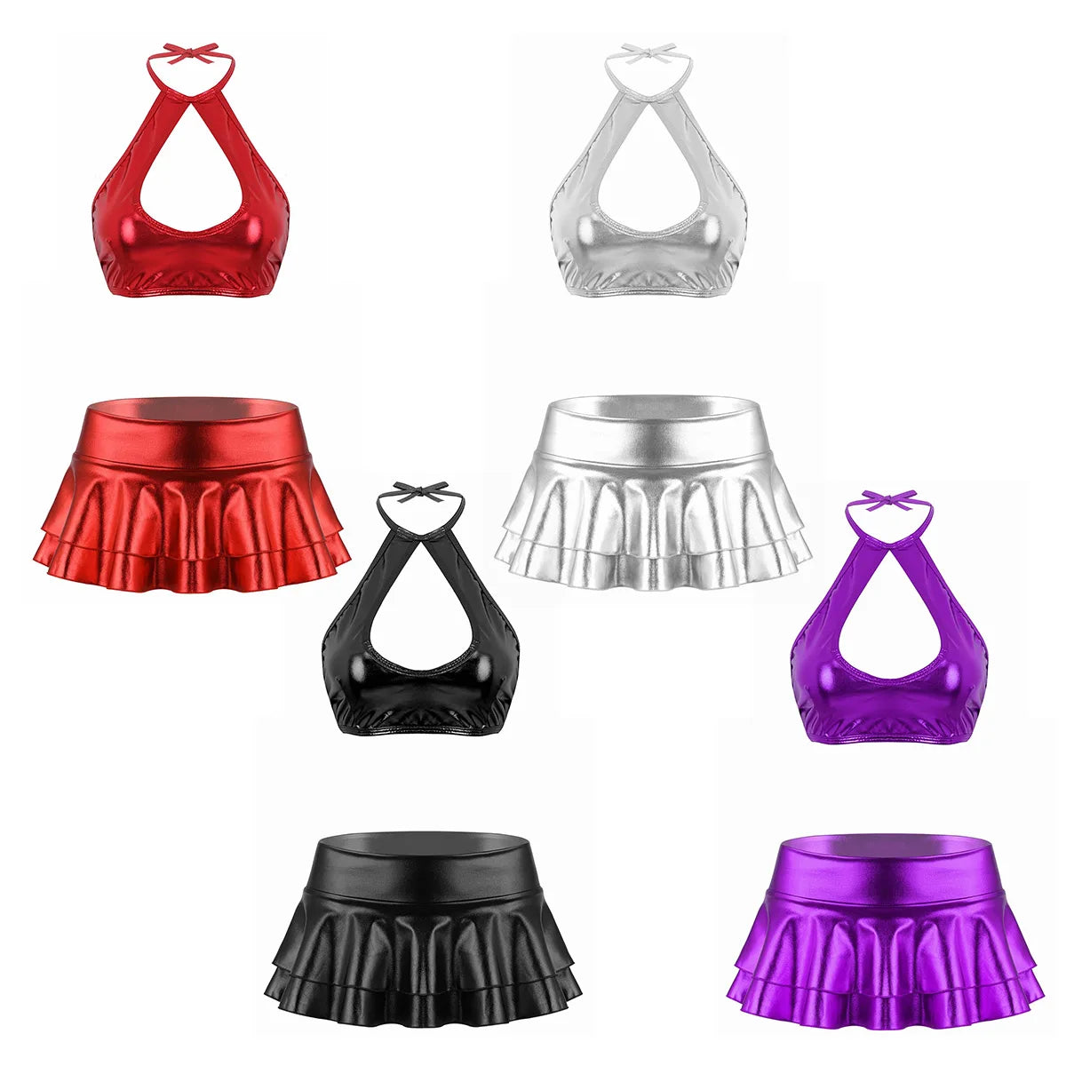 Women's Metallic Halter Crop Top & Ruffle Mini Skirt – Two-Piece Dance Outfit