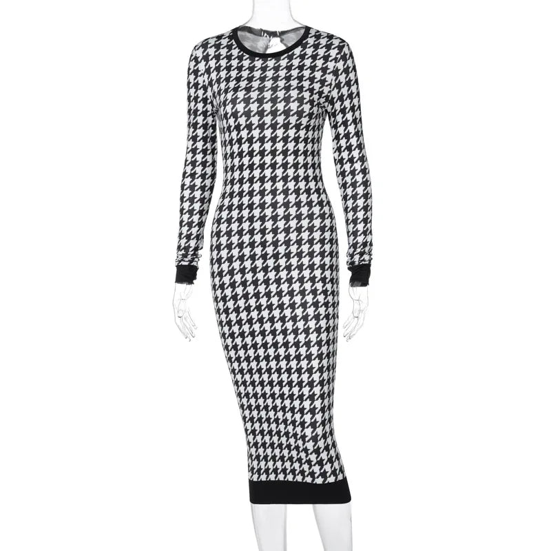 Elegant Houndstooth Print Bodycon Dress – Women's Long-Sleeve Hollow-Out Midi Dress for Autumn & Winter Streetwear
