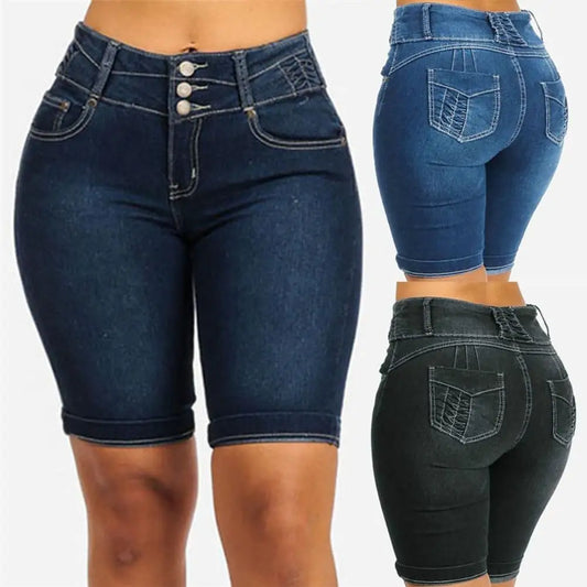 New Sexy High-Waist Denim Skinny Shorts - Stretch Bodycon Knee-Length Jeans