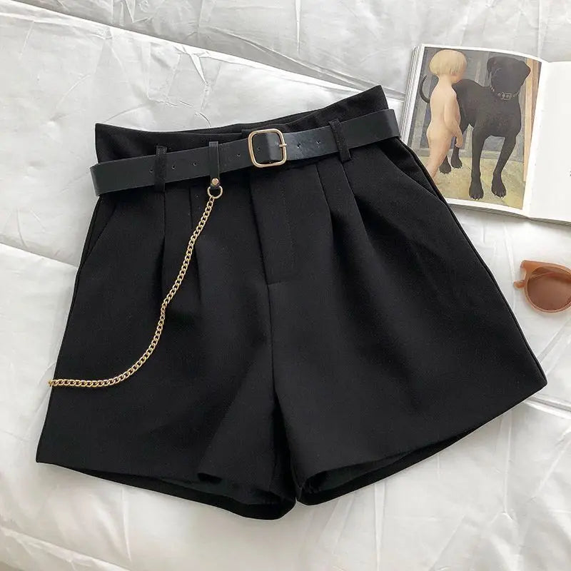 Elegant High-Waist Woolen Shorts – Women's Belted A-Line Wide-Leg Shorts for Autumn & Winter
