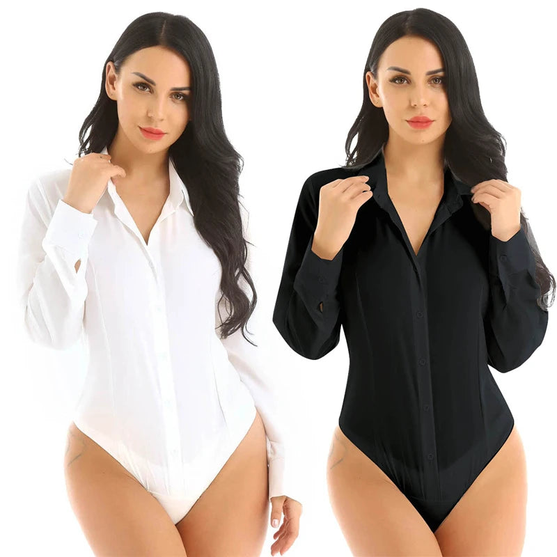 Office Lady Long Sleeve White Bodysuit Shirt