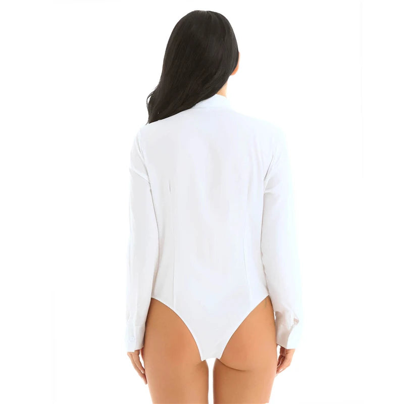 Office Lady Long Sleeve White Bodysuit Shirt