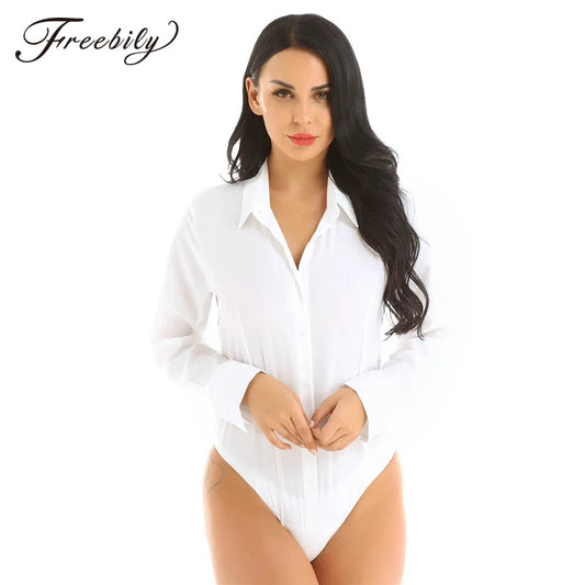 Office Lady Long Sleeve White Bodysuit Shirt