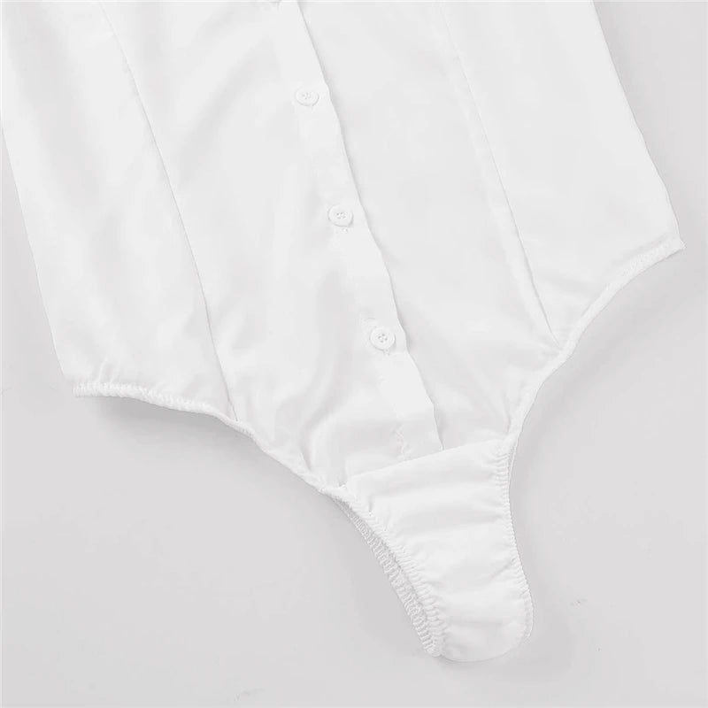 Office Lady Long Sleeve White Bodysuit Shirt